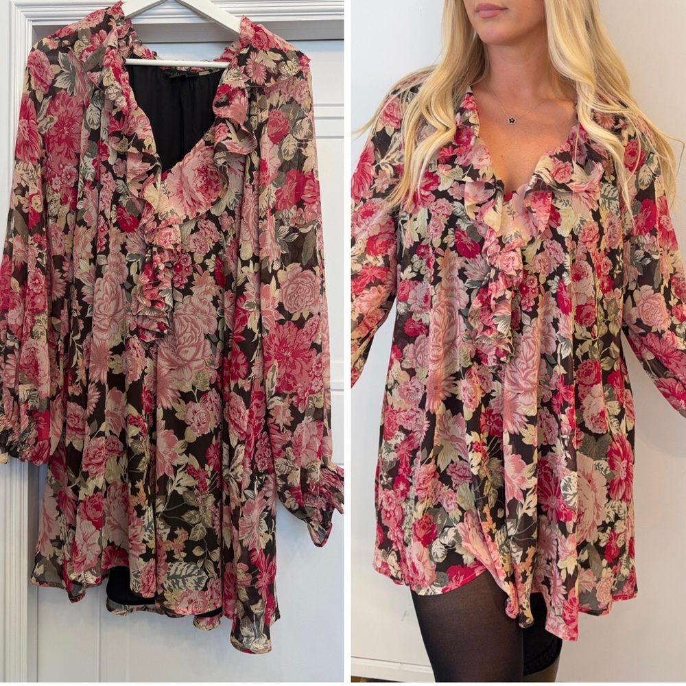 NWT HOUSE OF HARLOW PINK FLORAL PRINT CHIFFON RUFFLE LONG SLEEVE DRESS SMALL
